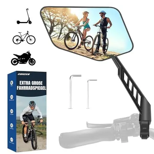 Produktbild: COICER Fahrradspiegel links mit extra großer Spiegelfläche - 360° verstellbarer Fahrrad Spiegel für E-Bike & E-Scooter Lenker - Rückspiegel kompatibel mit allen Modellen (links)