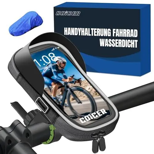 Produktbild: COICER Handyhalterung Fahrrad Wasserdicht, Motorrad 360° Drehbarem Fahrradhalterung, Lenkertasche Fahrrad Zubehör Ebike für 4.7-6.5 Zoll Smartphone mit Regenhaube Handyhalter Fahrrad Lenker