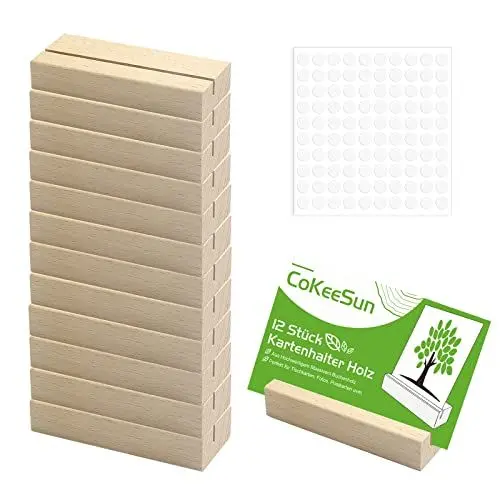 Produktbild: CoKeeSun 12 Stück Kartenhalter Holz, Tischkartenhalter Holz, Fotohalter aus Natürliches Massivholz, Menükartenhalter mit Doppelseitiges Klebeband für Restaurants Hochzeiten Partys Fotoständer