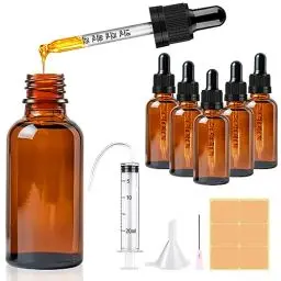 Produktbild: CoKeeSun 5 Stück 30ml Glasflasche mit Pipette, Wiederverwendbar Pipettenflasche, Braunglasflasche Apothekerflasche mit Trichter, Spritze, Etikett für Ätherische Öle Aromatherapie-Düfte
