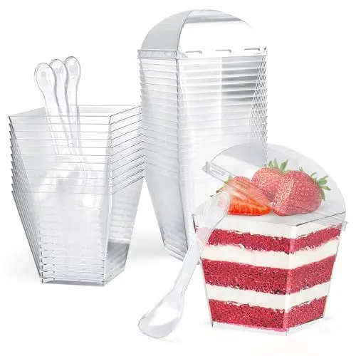 Produktbild: CoKeeSun 60 Stück Desserttassen mit Deckel und Löffeln 200ml/7oz Quadratischer Dessertbechern Set Wiederverwendbar Dessertbecher für Dessertparty Pudding Mousse Eis