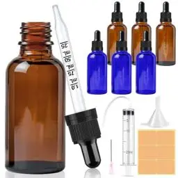 Produktbild: CoKeeSun 6 Stück 30ml Glasflasche mit Pipette, Wiederverwendbar Pipettenflasche, Blau und Braunglasflasche Apothekerflasche mit Trichter, Spritze, Etikett für Ätherische Öle Aromatherapie-Düfte