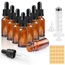 Produktbild: CoKeeSun 8 Stück 10ml Glasflasche mit Pipette, Wiederverwendbar Pipettenflasche, Braunglasflasche Apothekerflasche mit Trichter, Spritze, Etikett für Ätherische Öle Aromatherapie-Düfte
