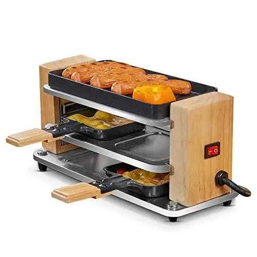 Produktbild: COKLAI Raclette Grill 2 Personen mit Antihaft beschichteter gestreifter Grillplatte, Mini Grill Raclette mit 2 Pfannen und Holzspatel, Naturholz Raclette 300 Watt