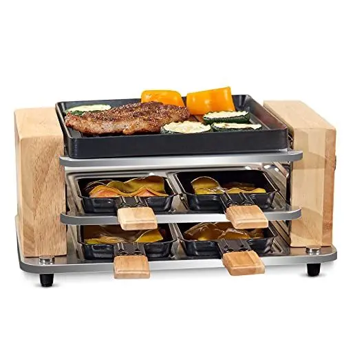 Produktbild: COKLAI Raclette Grill 4 Personen mit antihaftbeschichteter Gestreifte Grillplatte, mini Grill Raclette Gerät, Einstellbare Temperatur, 4 Pfännchen & Holzspatel, Naturholz raclette 4 personen, 550W