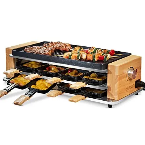 Produktbild: COKLAI Raclette grill 8 Personen mit 2 in 1 Antihaftbeschichtung Grillplatte, Partygrill für 8 Personen, Stufenlos einstellbare Temperatur, 8 Pfannen & Holzspatel, Naturholz raclette 8 personen