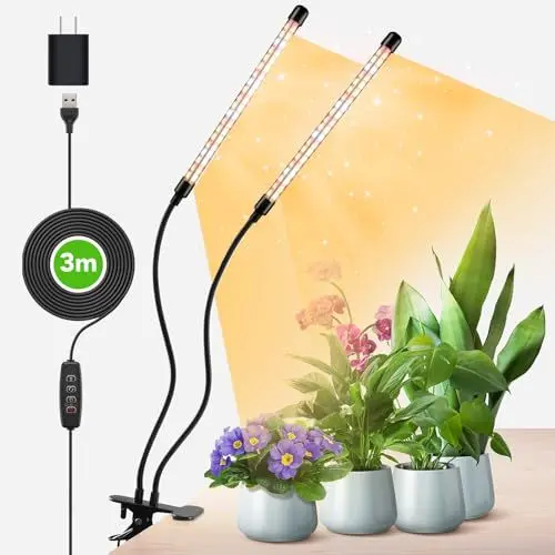 Produktbild: COKOLILA 2 Köpfe Pflanzenlampe LED, 160 LEDs Vollspektrum Pflanzenlicht, 3000K 5000K 660nm Pflanzenleuchte für Zimmerpflanzen mit Timer, 3 Lichtmodi, ideal für Pflanzen(Mit Adapter)