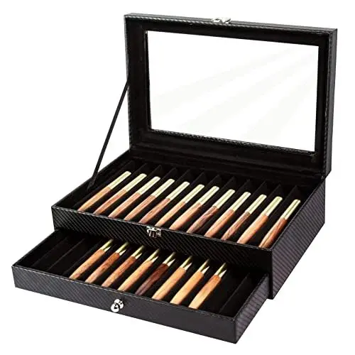 Produktbild: Cokritsm Stift Display Box Leder Mit Schublade 24 Stift Schwarze FüLlfederhalter-Organisationsbox, Aufbewahrungsbox Mit Deckel, Vitrine Mit 2 Ebenen, Vitrine FüR FüLlfederhalter-Sammlung