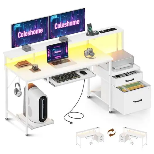 Produktbild: Coleshome Gaming Tisch mit LED, 140x48cm Schreibtisch mit Stoff Schubladen Computertisch mit 2 Steckdosen&2 USB Anschlüssen, Gaming Schreibtisch mit Monitorständer für Home Office, Weiß