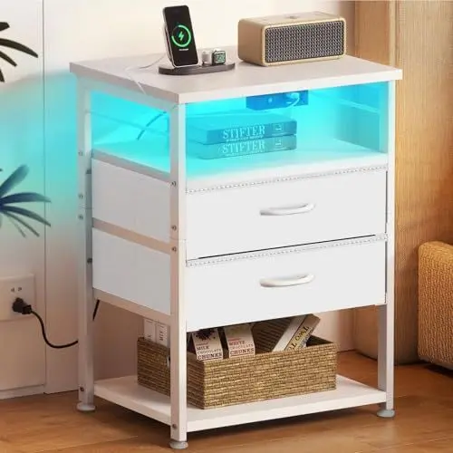 Produktbild: Coleshome Nachttisch Weiß für Schlafzimmer, mit 2 USB und 1 Steckdosen und LED-Leuchtbänder, Nachttische mit 2 Stoffschubladen und 2 Speicherplatz, Geeignet für Kleine Schlafzimmer, 40 * 30 * 70cm