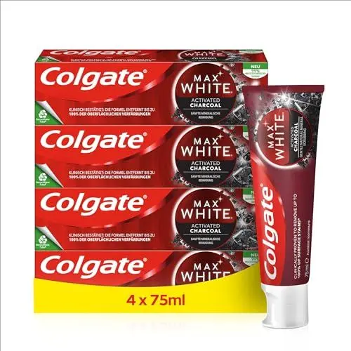 Produktbild: Colgate Max White Charcoal Zahncreme 4x75ml | Mit Aktivkohle | Zahnpasta Colgate entfernt bis zu 100% der oberflächlichen Verfärbungen* | Colgate Zahnpasta für weißere Zähne