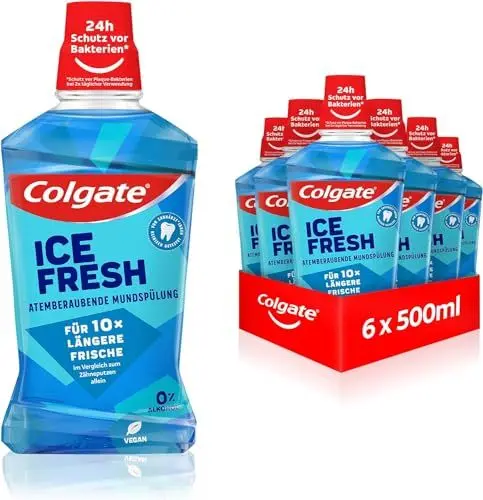 Produktbild: Colgate Mundspülung Ice Fresh 6x500 ml – für sofortige & anhaltende Frische – antibakterielle Mund- und Zahnreinigung ohne Alkohol** für optimalen Schutz