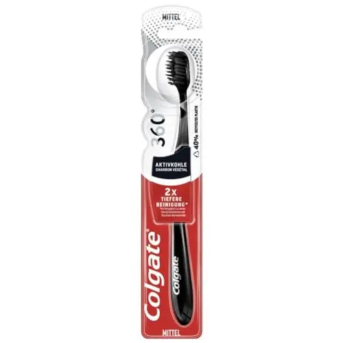 Produktbild: Colgate Zahnbürste 360° Aktivkohle,1 Stück – mit mittelharten Borsten und Aktivkohle für eine gründliche Zahnreinigung – integrierter Wangen- und Zungenreiniger