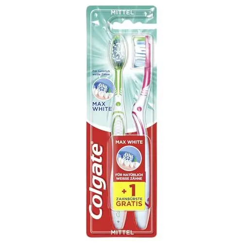 Produktbild: Colgate Zahnbürste Max White, mittel, 2 Stück - Handzahnbürste für natürlich weiße Zähne, mit mittelharten Borsten