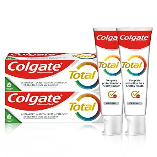 Produktbild: Colgate Zahnpasta Total Original 2x75ml – Zahnreinigung für einen gesunden Mund und 12 Stunden proaktiven Zahnschutz* – reinigt Zähne, Zahnfleisch, Wangen und Zunge