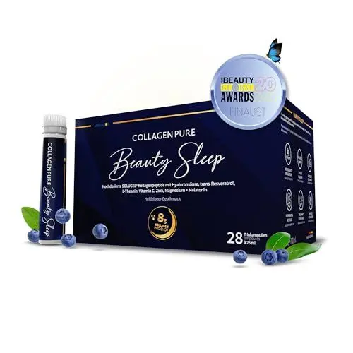 Produktbild: Collagen 8000mg + Melatonin - Hochdosiert Kollagen Trinkampullen - Magnesium Vitamin C Zink Hyaluronsäure L Theanin Resveratrol - 28 Trinkampullen 1 Monat Vorrat - Blaubeergeschmack - MEDIAKOS