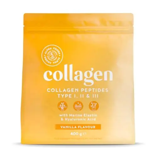 Produktbild: Collagen Pulver (400g) | Premium Kollagen Hydrolysat | Peptide Typ 1, 2 & 3 | Hochdosiert Kollagenpulver mit Hyaluronsäure und Elastin | Vanillegeschmack | in Deutschland hergestellt | Alpha Foods