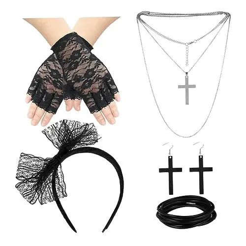 Produktbild: COLLBATH 16-tlg Party-zubehör-set Schwarz 80er-jahre-style Spitzenhandschuhe Stirnband Kreuz Halskette Ohrringe Kostüm-accessoires Für Tanz-performance