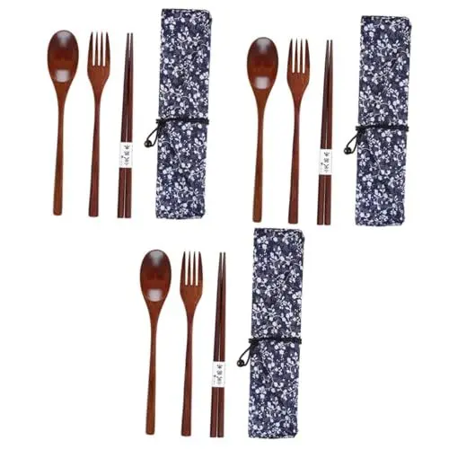 Produktbild: COLLBATH 3-teiliges Geschirrset Aus Naturholz Löffel Essstäbchen Set Für Mittagessen Reisen Tragbares Geschirr Aufbewahrungstasche Im Japanischen Stil Für Zuhause