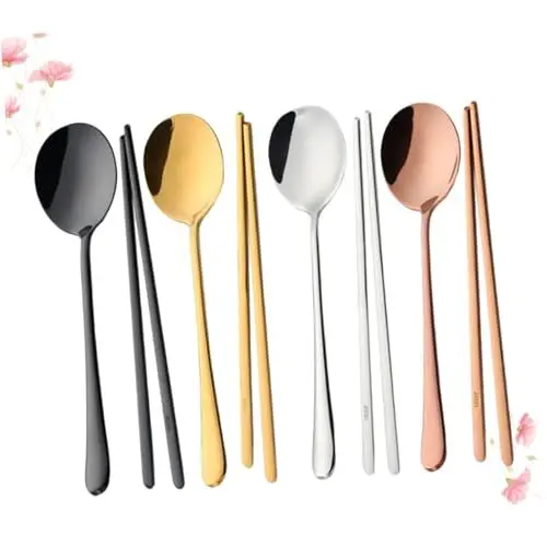 Produktbild: COLLBATH Robustes Besteck aus Edelstahl 4 Sets Löffel Essstäbchen koreanisches Design breites Besteck elegantes Essgeschirr tragbares Geschirrset