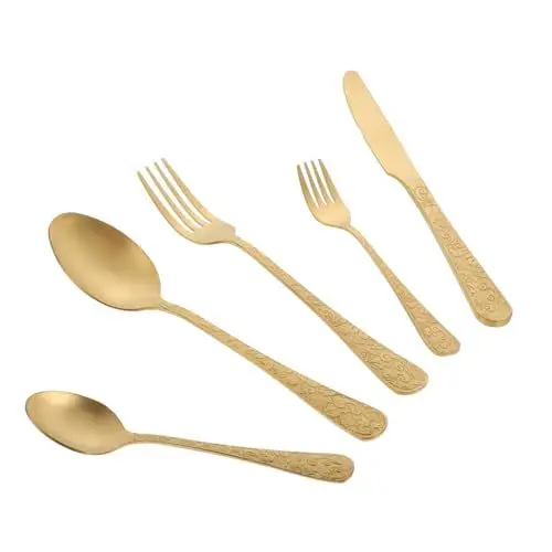 Produktbild: COLLBATH 5St Geprägtes Besteckset besteck rostfrei besteck Tafelbesteck besteck-set utensils set Steakgabel Esslöffel Zuckerlöffel Küchengerät praktischer Rostfreier Stahl