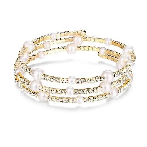 Produktbild: COLLBATH Perlen- und Diamantarmband von Triple Rhinestone Bracelet für Frauen eleganter Goldschmuck für Braut und Mädchen
