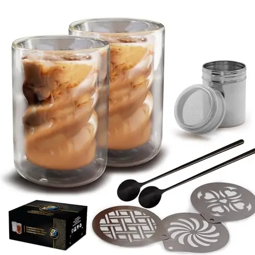 Produktbild: Collection by Blck & Blue® - 2er Set doppelwandige Cappuccino Latte Macchiato Gläser 280ml - Borosilikatglas, spülmaschinenfest, spiralförmig, inkl. schwarzem Löffel und Kaffeezubehör