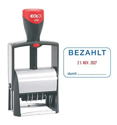 Produktbild: COLOP 2660 Datumstempel mit Text Bezahlt Datum deutsch Abdruck Blau/rot im Karton, klein