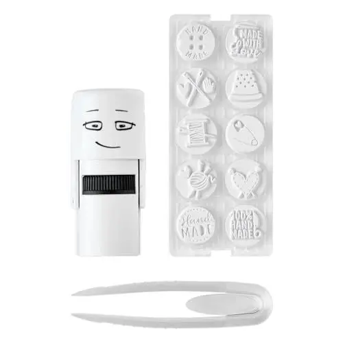 Produktbild: COLOP Little NIO Stempelset HANDMADE. Dieses Set enthält einen Stempel inkl. grauem Farbkissen und 10 verschiedene Motive zum Thema HANDGEMACHT, 6,5 cm, Weiß