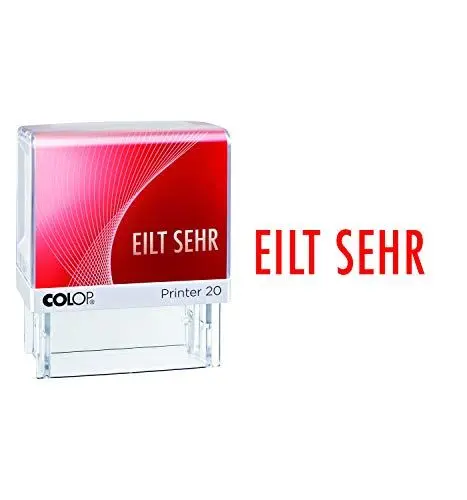Produktbild: COLOP Printer 20 Text-Stempel EILT SEHR, Abdruck rot, für sofortigen Einsatz. Fertigstempel mit Lagertext und rotem Kissen