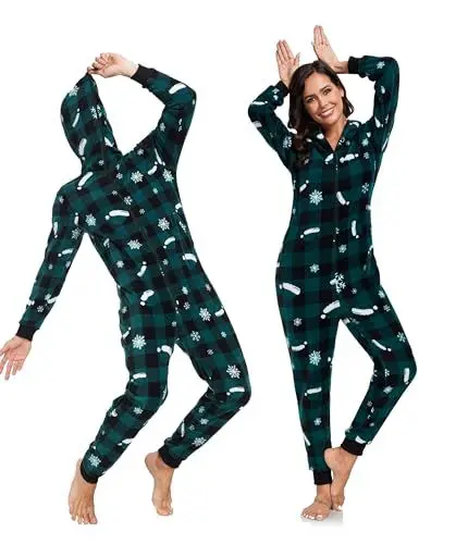 Produktbild: COLORFULLE Weihnachts-Einteiler für Paare, Fleece-Overall mit durchgehendem Reißverschluss, Pyjama, langärmelig, mit Taschen (Grünkarierte Weihnachten,Damen,L)