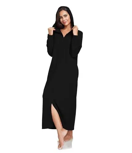 Produktbild: COLORFULLEAF Damen Reißverschluss Bademantel Langarm Kapuze Fleece Bademantel Weich Warm Hausmantel Loungewear mit Taschen(Schwarz,XL)