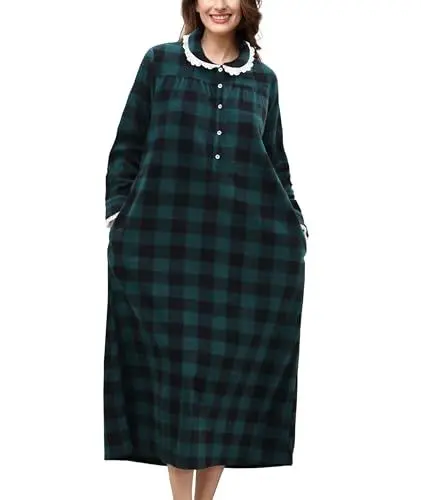 Produktbild: COLORFULLEAF Fleece Nachthemd Weihnacht Weihnachten Damen Plaid Nachthemden Schlafhemd Nachthemd Spitzenbesatz Langarm Hauskleid mit Taschen(Grün,L)