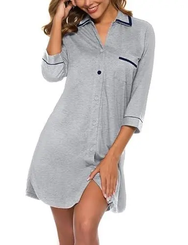 Produktbild: COLORFULLEAF Nachthemd Damen Langarm Baumwolle Stillnachthemd Damen Schlafshirt mit Knopfleiste Hemdkleid(Grau,S)