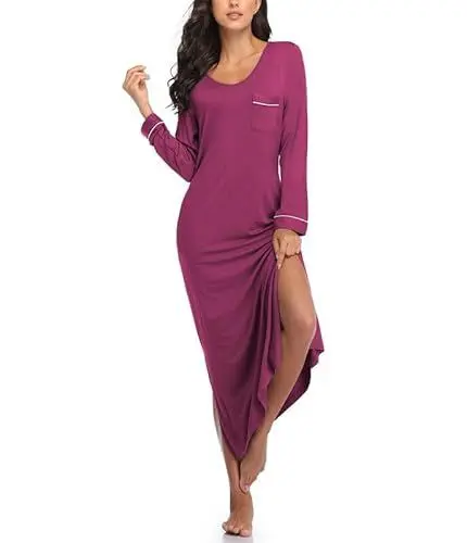 Produktbild: COLORFULLEAF Nachthemd Damen Lang Schlafshirt V-Ausschnitt Nachtwäsche Sexy Langarm Nachtkleid Frauen mit Taschen Weiche Schlafhemd Sleepshirt(Fuchsie,2XL)