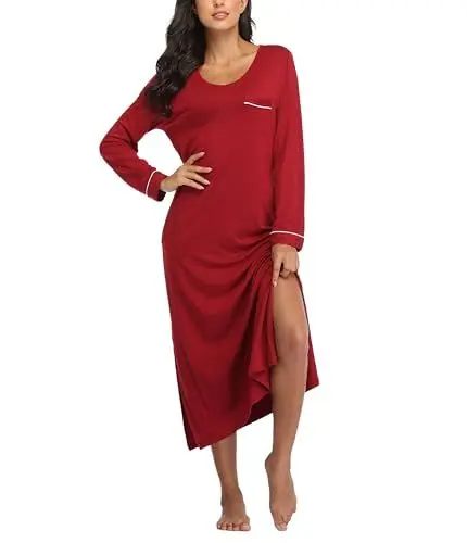 Produktbild: COLORFULLEAF Nachthemd Damen Lang Schlafshirt V-Ausschnitt Nachtwäsche Sexy Langarm Nachtkleid Frauen mit Taschen Weiche Schlafhemd Sleepshirt(Weinrot,2XL)