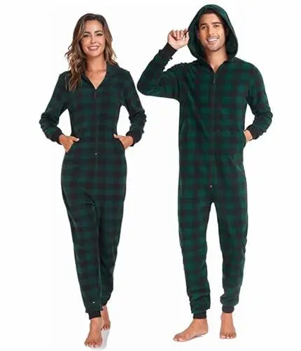 Produktbild: COLORFULLEAF COLORFULLE Weihnachts-Einteiler für Paare, Fleece-Overall mit durchgehendem Reißverschluss, Pyjama, langärmelig, mit Taschen (Grün Karier Damen S)