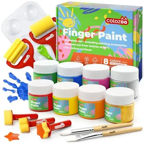 Produktbild: colozoo Fingerfarben Kinder Ungiftig Set inkl. Malzubehör | 8x100ml inkl. Gold & Silber | Fingerfarbe Paraben-, Gluten- & Laktosefrei, auf Wasserbasis, Vegan | Leicht zu reinigen