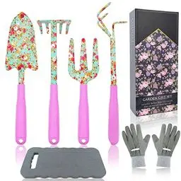 Produktbild: Colwelt Blumen-Gartenwerkzeug-Set, 6-teilig, Garten-Set mit schönem Aufdruck, Gartengeschenke für Frauen mit Umpflanzkelle, Gabel, Handrechen, Kultivator, Gartenhandschuhe und Knieunterlage