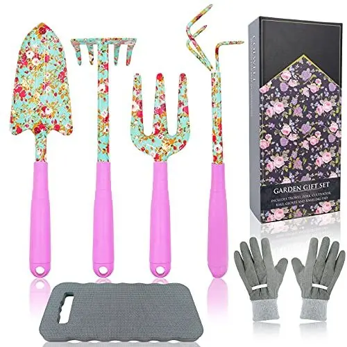 Produktbild: Colwelt Blumen-Gartenwerkzeug-Set, 6-teilig, Garten-Set mit schönem Aufdruck, Gartengeschenke für Frauen mit Umpflanzkelle, Gabel, Handrechen, Kultivator, Gartenhandschuhe und Knieunterlage