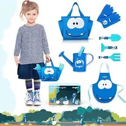 Produktbild: Colwelt Kinder Gartengeräte Set, Kinder Gartenwerkzeug Kit mit Gießkanne kinderschürze Schaufel Rechen Gabel Handschuhe und Tasche, Gartengeräte für Kinder Junge Mädchen