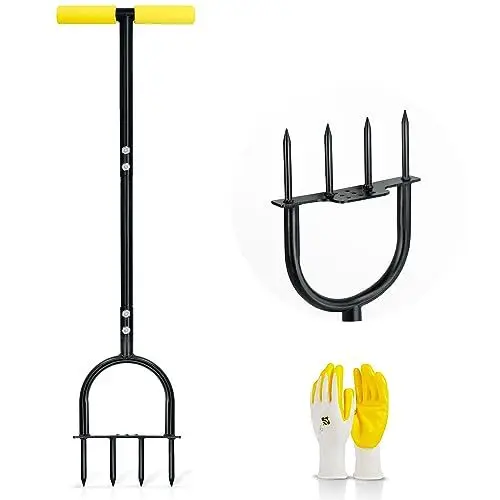 Produktbild: Colwelt Rasenbelüfter für verdichtete Böden und Rasenflächen, rutschfester T-Griff, mit vier 9 cm massiven Stahlspießen, 96 cm