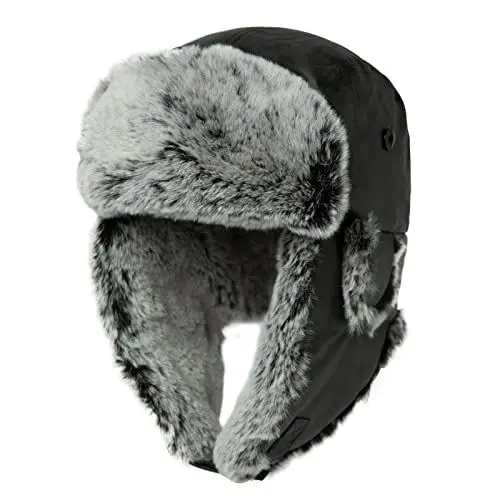 Produktbild: Comahts Winter Trapper-Hut Kunstleder Aviator Pilotenmütze Damen Herren Schwarz Warm Gefütterte Kunstpelz-Hut mit Winddichten Ohrenklappen XL