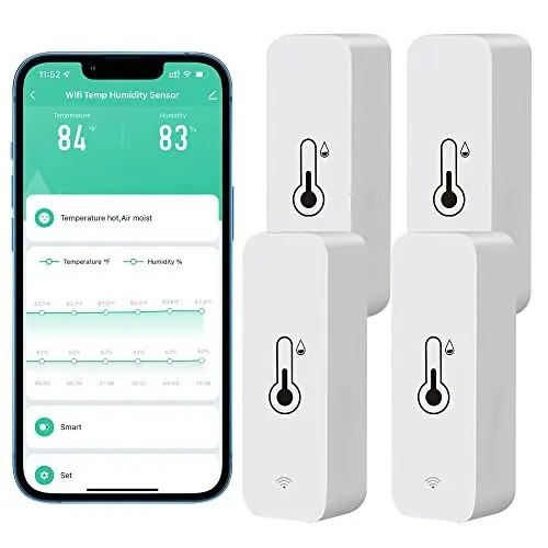 Produktbild: Comboss WiFi-Hygrometer Thermometer-Sensor, kabelloser Temperatur- und Feuchtigkeitssensor für den Innen- und Außenbereich mit Remote-App-Benachrichtigungsalarm, Arbeit mit der Tuya-App (4-Pack)