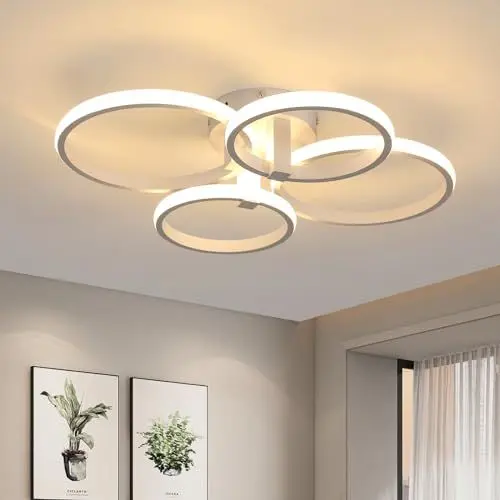 Produktbild: Comely LED Deckenleuchte Weiß, 4 Runde Ringe Modern Deckenlampe 48W 5400LM, 3000K Warmweiss LED Deckenlampen für Wohnzimmer, Küche, Schlafzimmer, Esszimmer