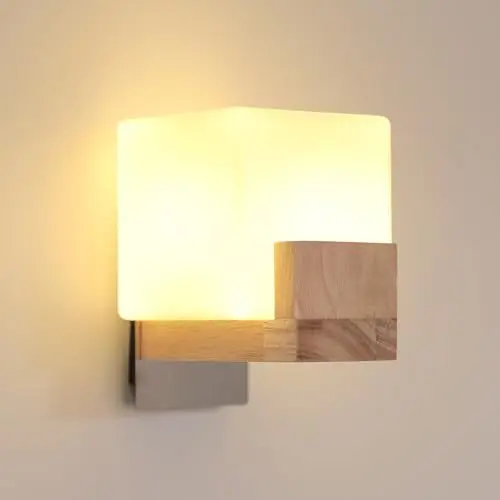 Produktbild: Comely Wandleuchte Innen Wandlampe Holz, mit 1 x G9 Glühbirne, Kreative Quadratische Design Moderne Wandleuchte Glas in Weiß für Schlafzimmer, Flur, Wohnzimmer, Esszimmer, Küche, Treppenhaus