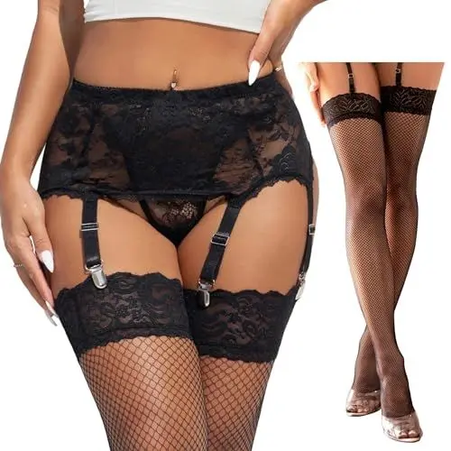 Produktbild: comeondear Strapsen Dessous Set mit Strümpfe Strapsgürtel Breit Damen Strapshalter mit 6 Clips Metall Große Größen Sexy Unterwäsche Curvy Strumpfhalter Strumpfband Garter Belt Hosenträger Schwarz,XS-S