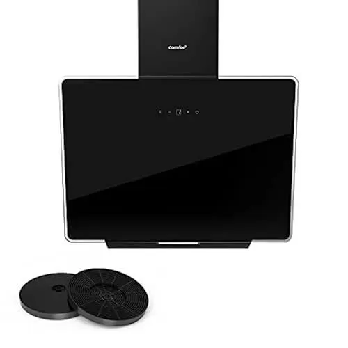 Produktbild: COMFEE' A+ Dunstabzugshaube 60cm CHK 3.6J64A1B Wandhaube aus gehärtetem Glas und Edelstahl mit Touchscreen, LED und Umluft- und Kanalsystem Wandmontierte Dunstabzugshaube, Schwarz