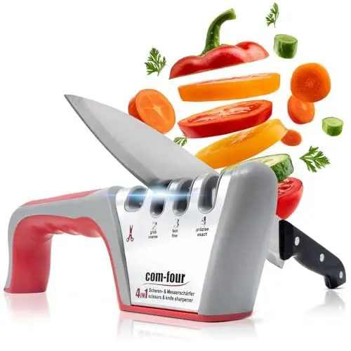 Produktbild: COM-FOUR® Premium Messerschärfer mit 4 Stufen, auch für Scheren geeignet - Profi Messerschleifer manuell mit praktischen Griff und Anti-Rutsch Beschichtung (1 Stück - silberfarben. grau. rot)