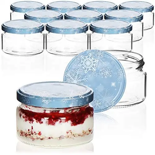Produktbild: com-four® 12x Einmachgläser Winter Edition TO Ø 82 mm - 250 ml mit Schraub-Deckel im winterlichen Design, blau-weiße Marmeladengläser, Glas mit Schneeflocken-Deckel, Einmachglas Weihnachten